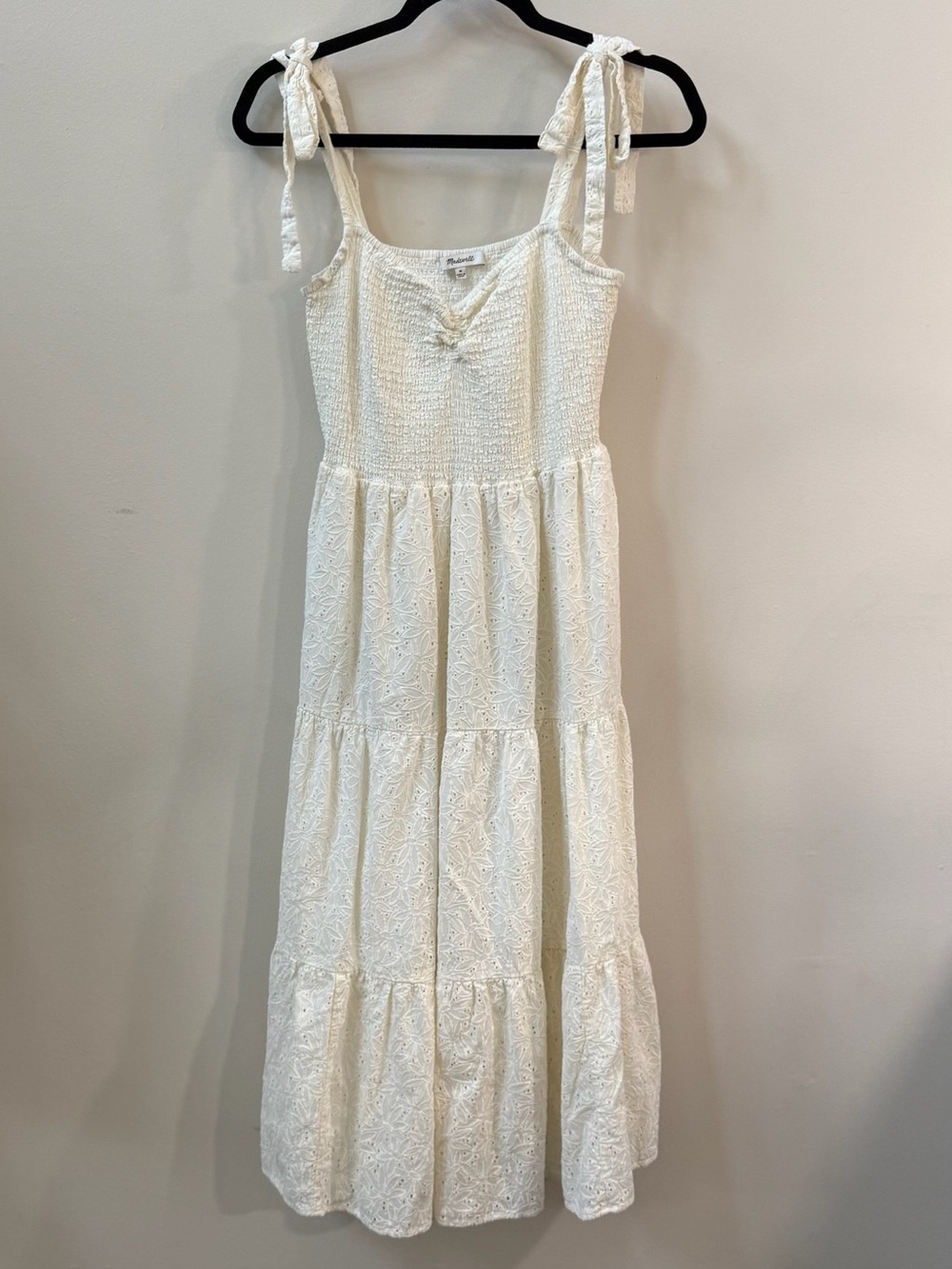 Madewell Tie Strap Lucie Dress Cotton Smocked Tiered Eyelet Cottage Core